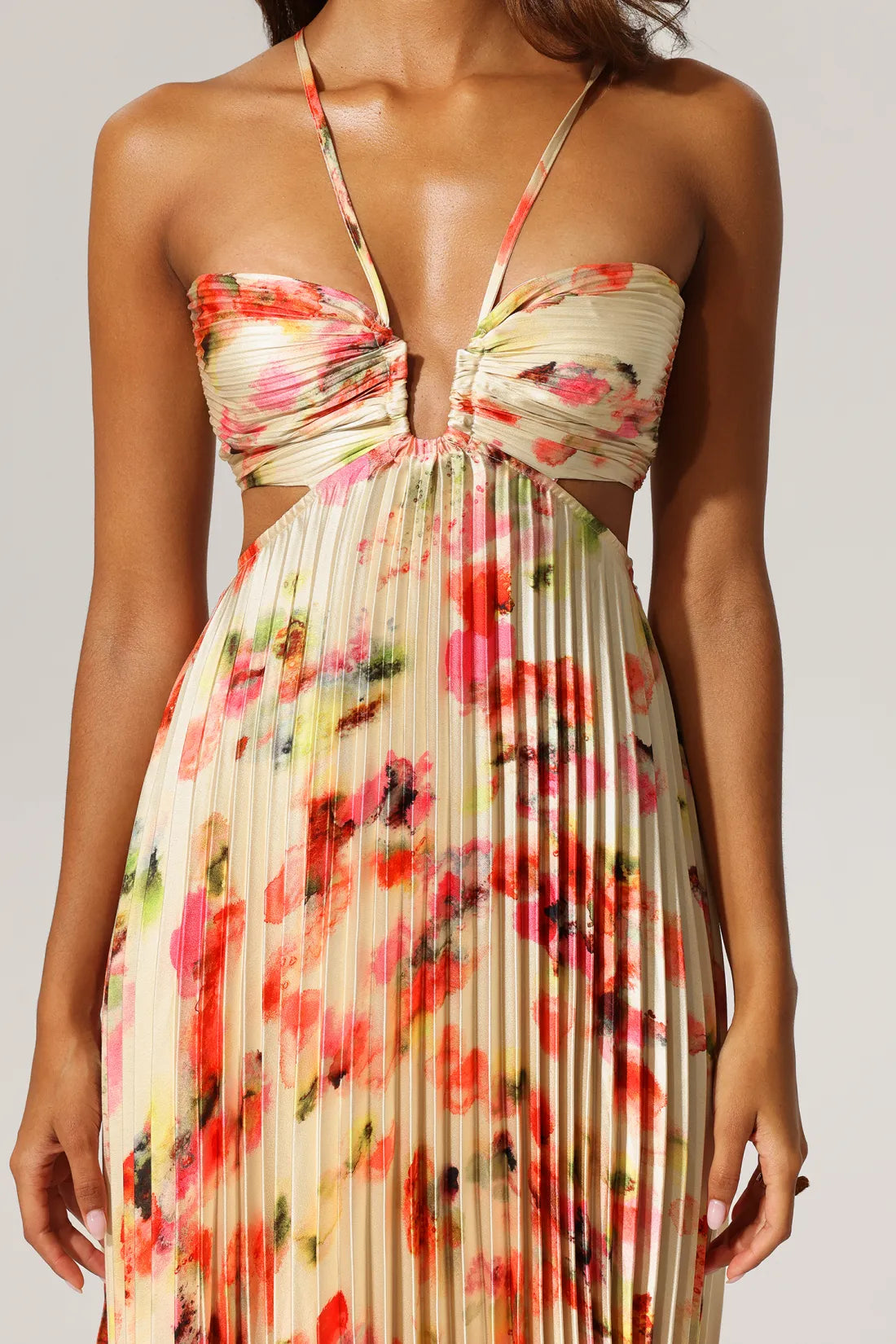 Dana Sleeveless Halter Floral Pleated Maxi Dress