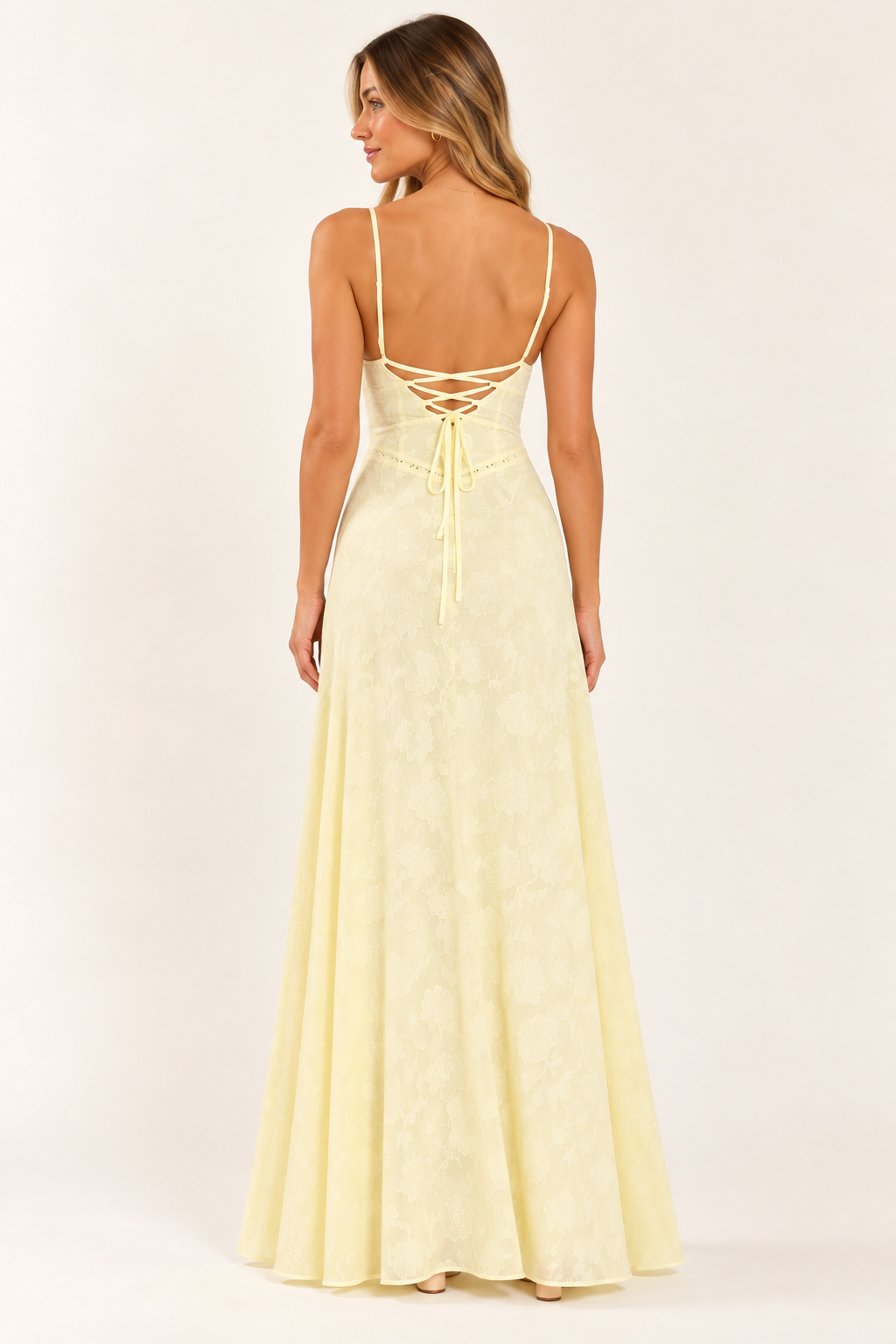 Celeste Floral Lace-Up Maxi Dress — Butter Yellow
