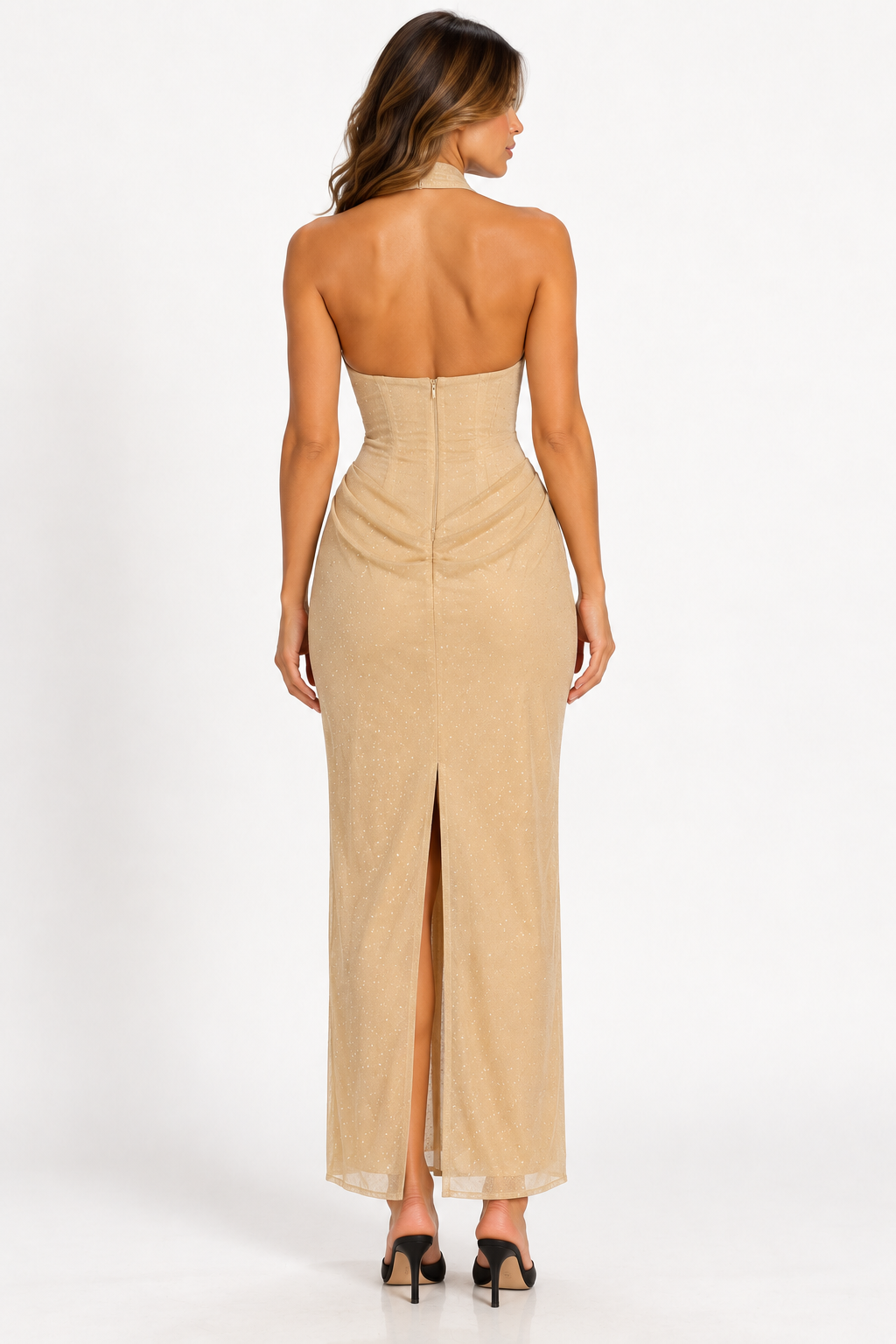 Aurelia Champagne Shimmer Halter Dress