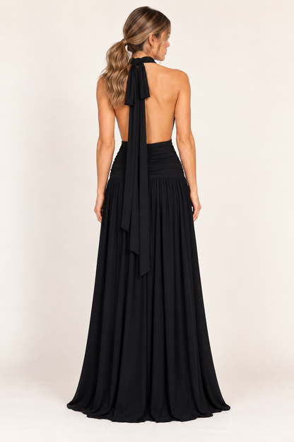 Noir Elegance Halter Maxi Dress