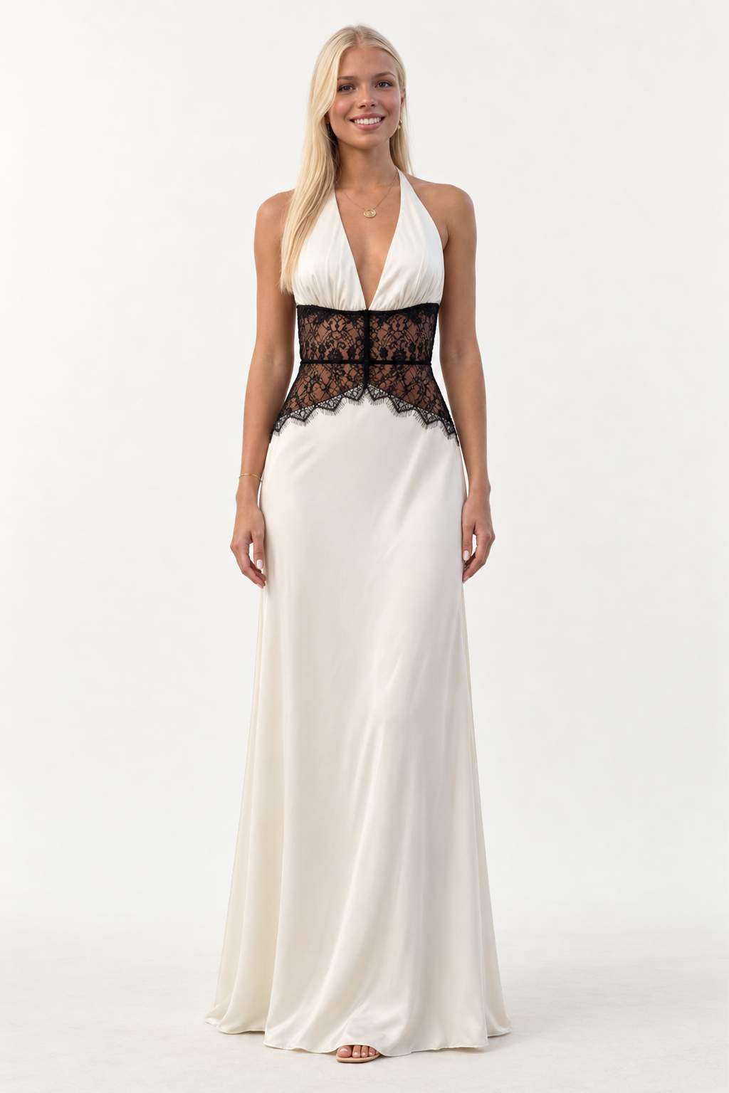 Ivory Nocturne Lace Halter Maxi Dress