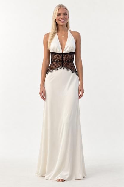Ivory Nocturne Lace Halter Maxi Dress