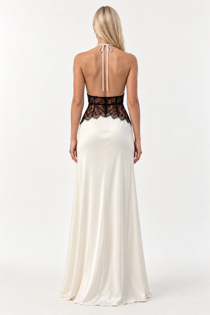 Ivory Nocturne Lace Halter Maxi Dress
