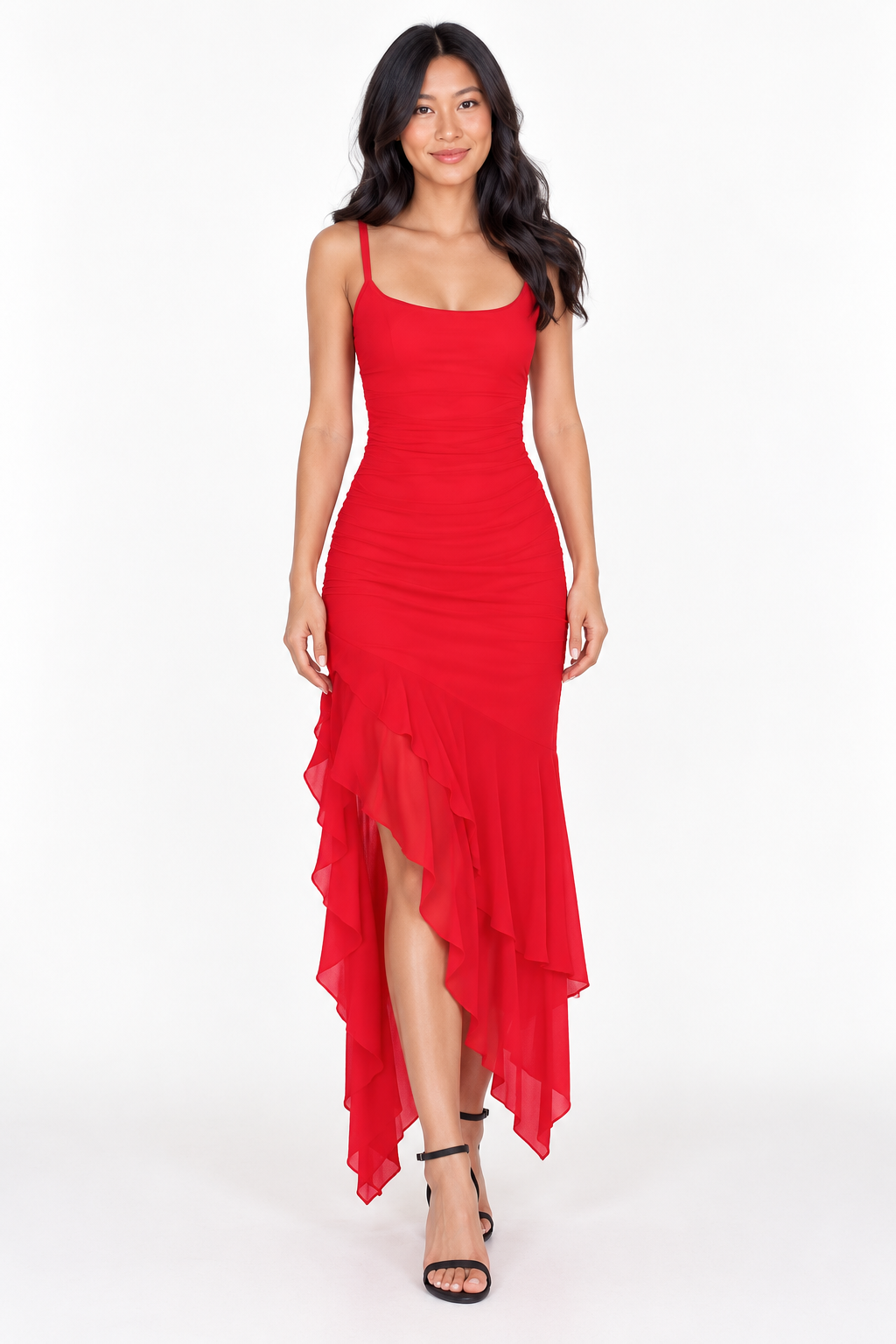Scarlet Bloom Ruffle Maxi Dress