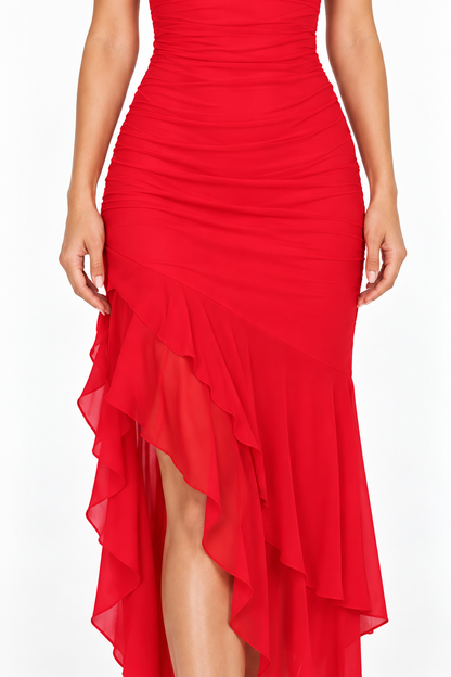 Scarlet Bloom Ruffle Maxi Dress