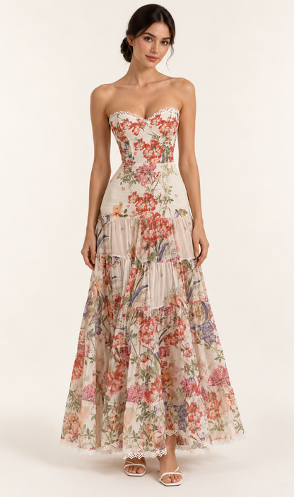 Flora Lace-Trim Floral Maxi Dress