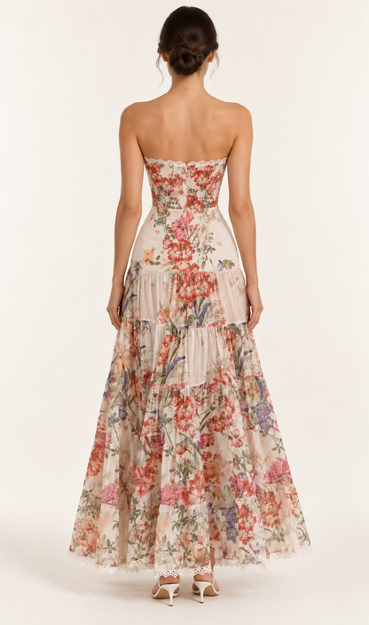 Flora Lace-Trim Floral Maxi Dress