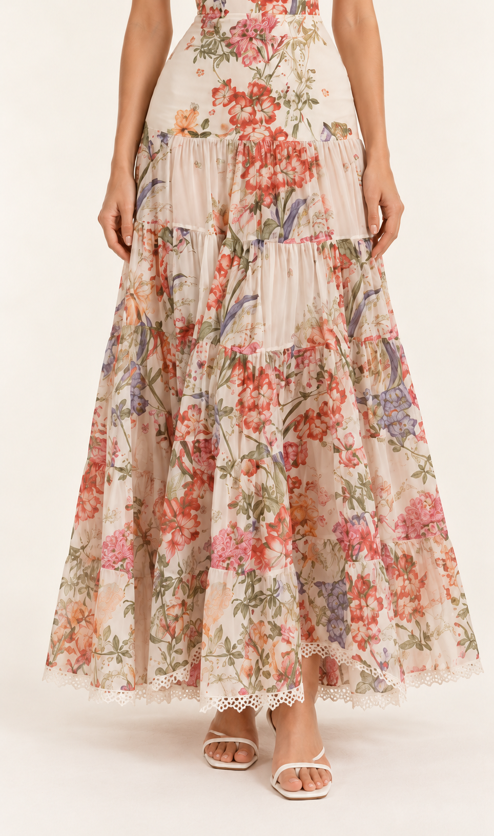 Flora Lace-Trim Floral Maxi Dress