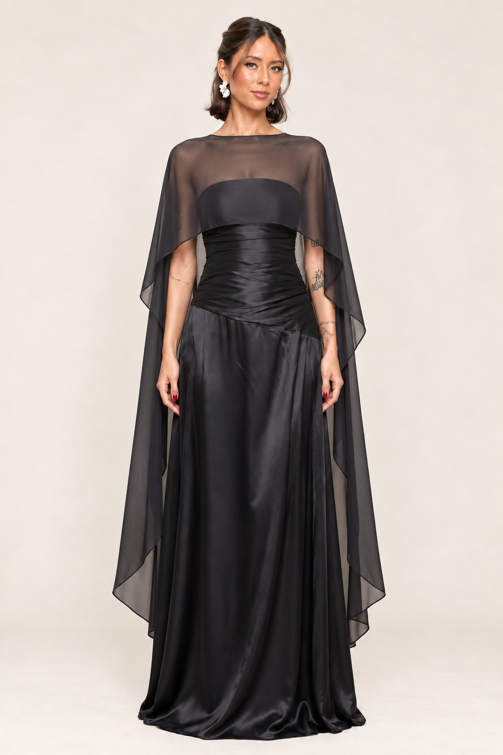 Odette Satin Cape Maxi Dress