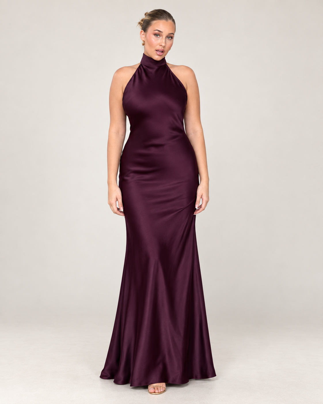 Amara Plum Satin Halter Gown