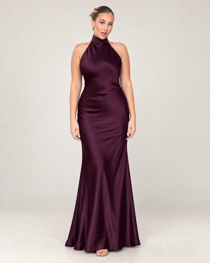 Amara Plum Satin Halter Gown
