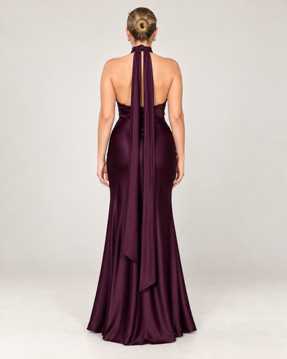 Amara Plum Satin Halter Gown