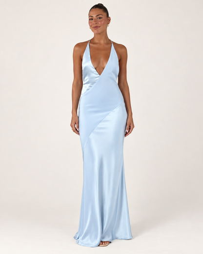 Celeste Powder-Blue Satin Halter Gown