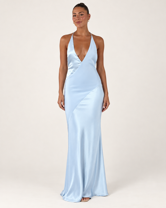 Celeste Powder-Blue Satin Halter Gown