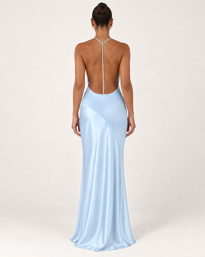 Celeste Powder-Blue Satin Halter Gown