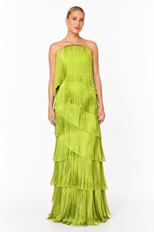 Abito lungo “Livia” con frange – Verde Lime