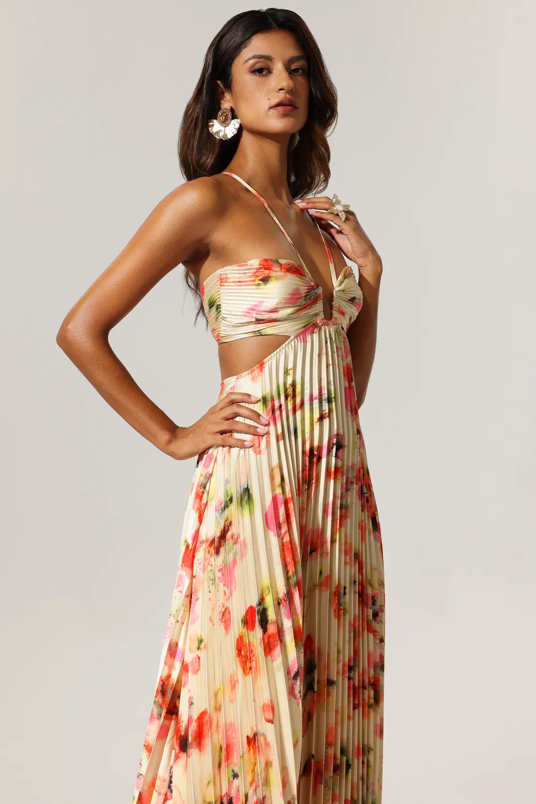 Dana Sleeveless Halter Floral Pleated Maxi Dress