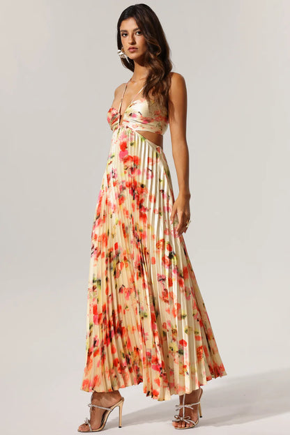 Dana Sleeveless Halter Floral Pleated Maxi Dress